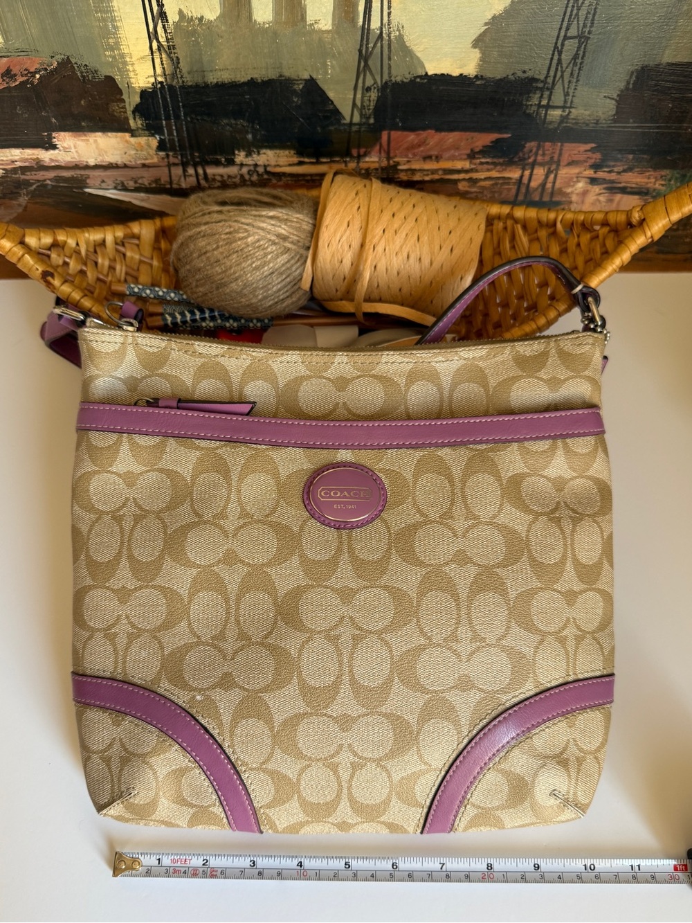Coach Peyton Signature File Crossbody Bag Purple Trim F18926